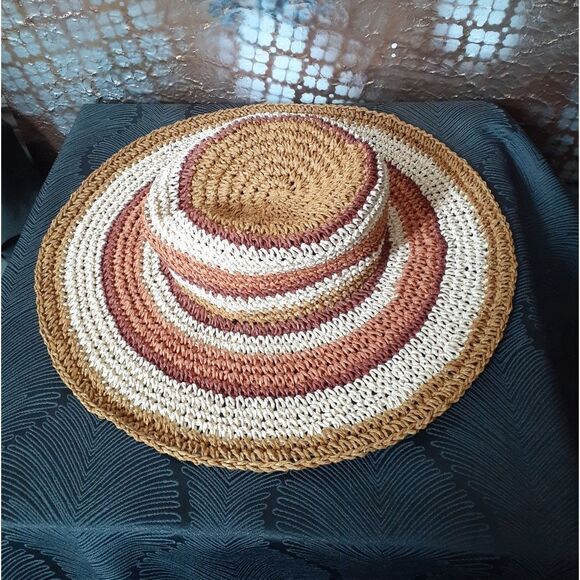 Zara Raffia Straw Striped Tan and Brown Floppy Sun Hat - Picture 13 of 14